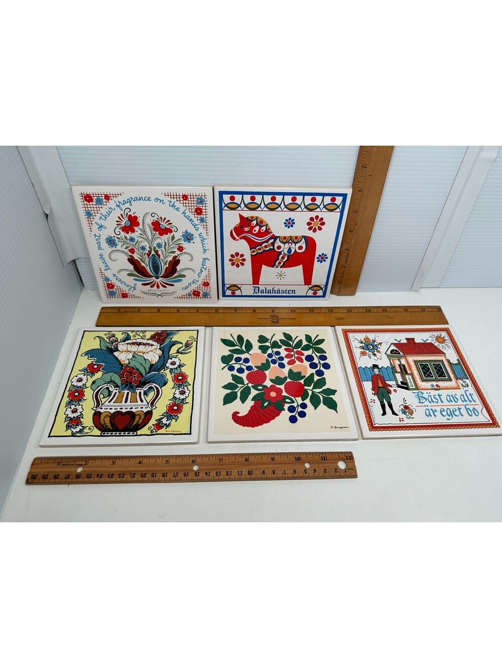 5 Vintage Swedish Design Ceramic Tile Berggren R/R Flowers 157 31 Bast av alt